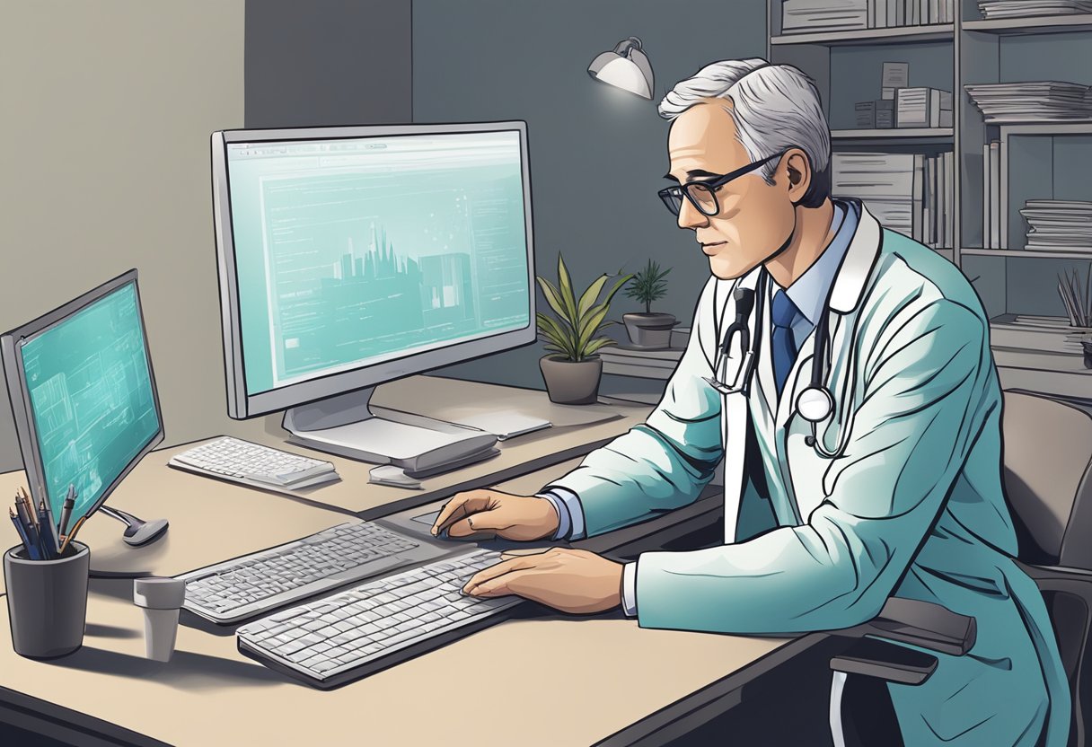 Um médico sentado em uma mesa com um computador, conversando com um paciente na tela