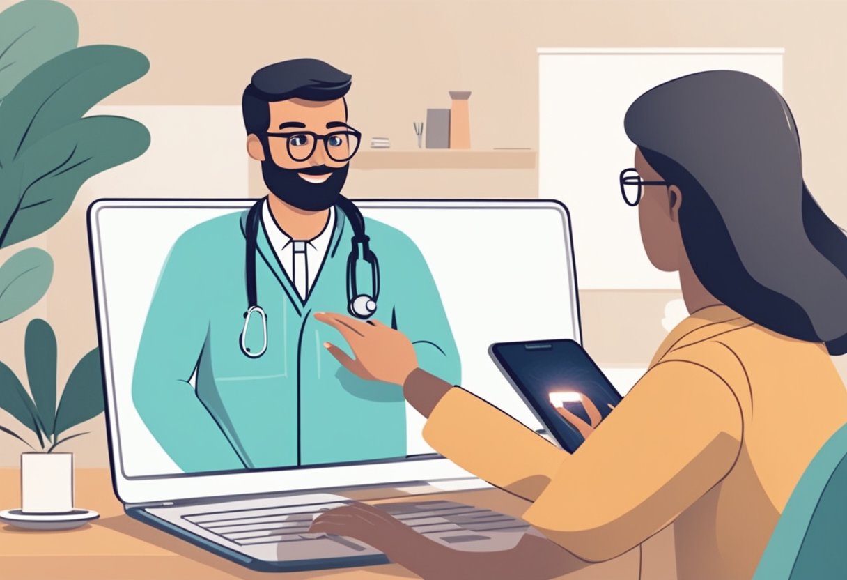 Um médico e um paciente participam de uma consulta virtual, com uma plataforma de telemedicina segura e privada garantindo a segurança da interação online deles.