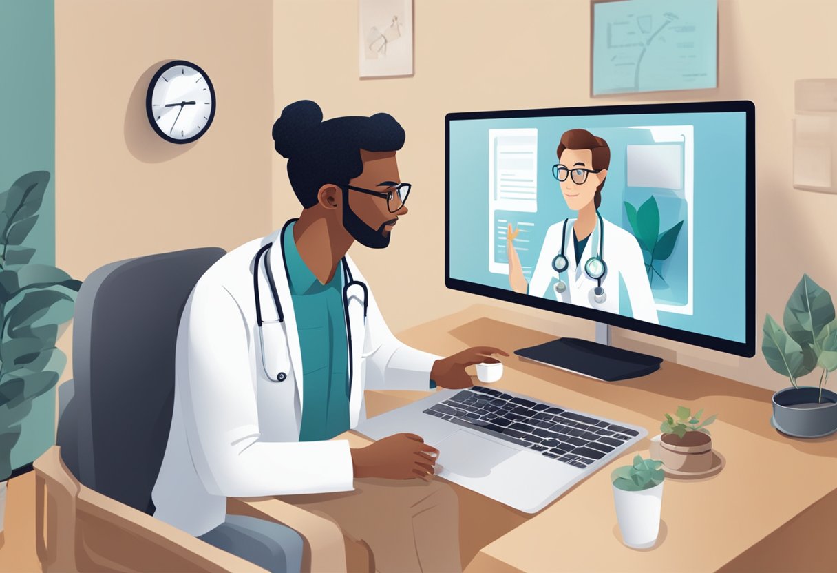 Um médico sentado em um computador com um paciente em uma videochamada, ambos engajados em conversa.