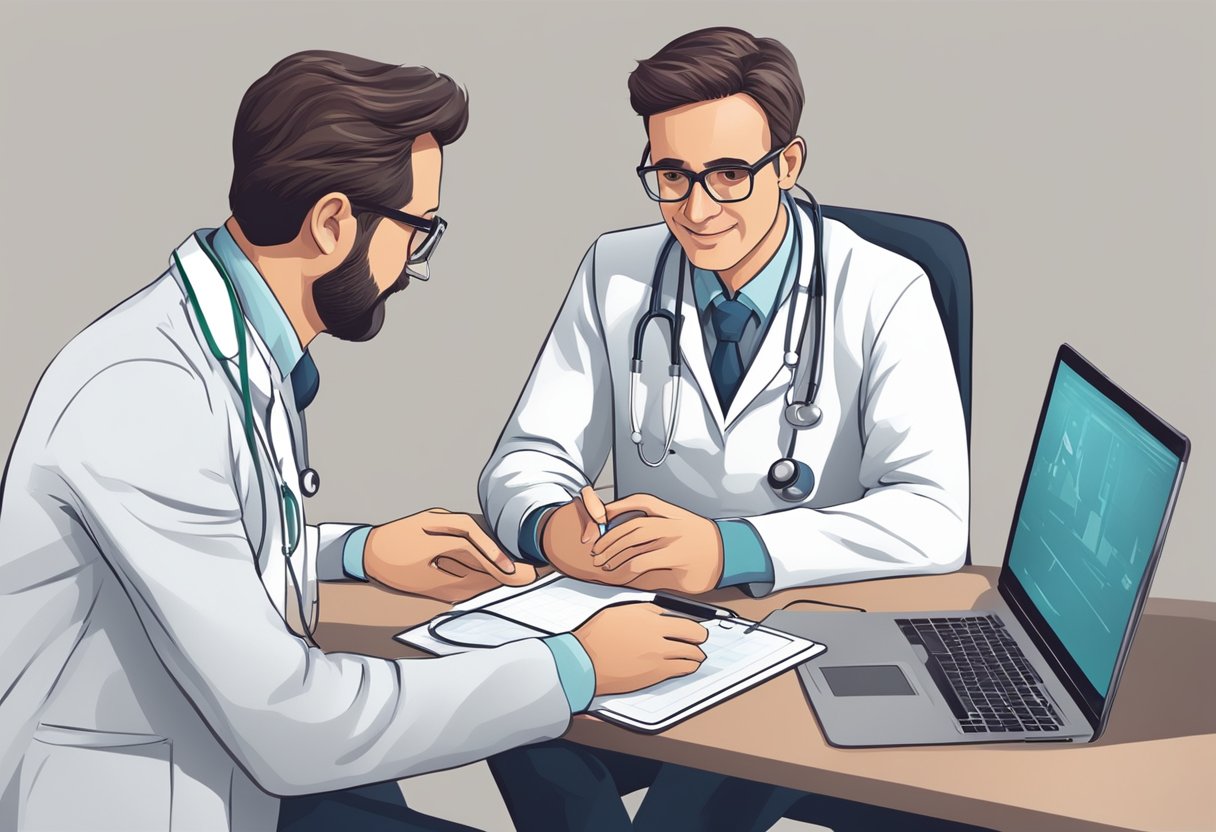 Um médico realizando uma consulta virtual com um paciente usando um computador ou dispositivo móvel.