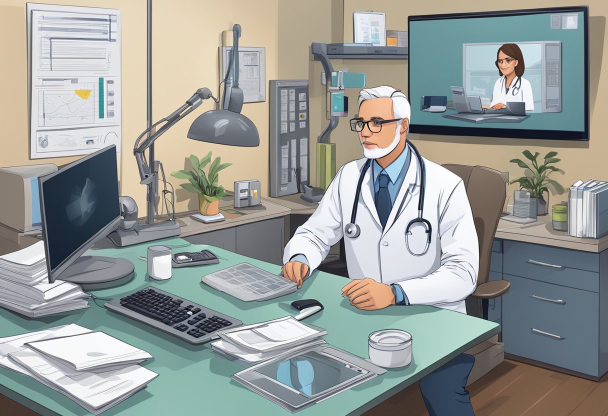 Um médico sentado em uma mesa com um computador, fazendo videoconferência com um paciente. Equipamentos médicos e documentos estão espalhados pela sala.