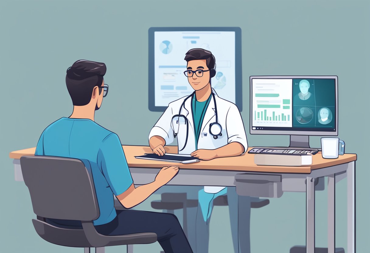 Um médico sentado em um computador, fazendo uma videochamada com um paciente na tela. Equipamento médico e uma receita estão na mesa.