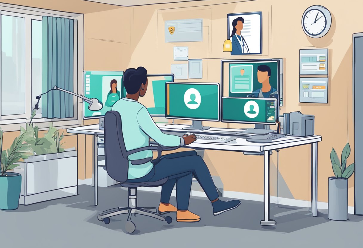 Um computador com uma webcam e microfone conectados a uma plataforma de telemedicina segura, exibindo uma sala de espera virtual com profissionais de saúde disponíveis para consultas online.