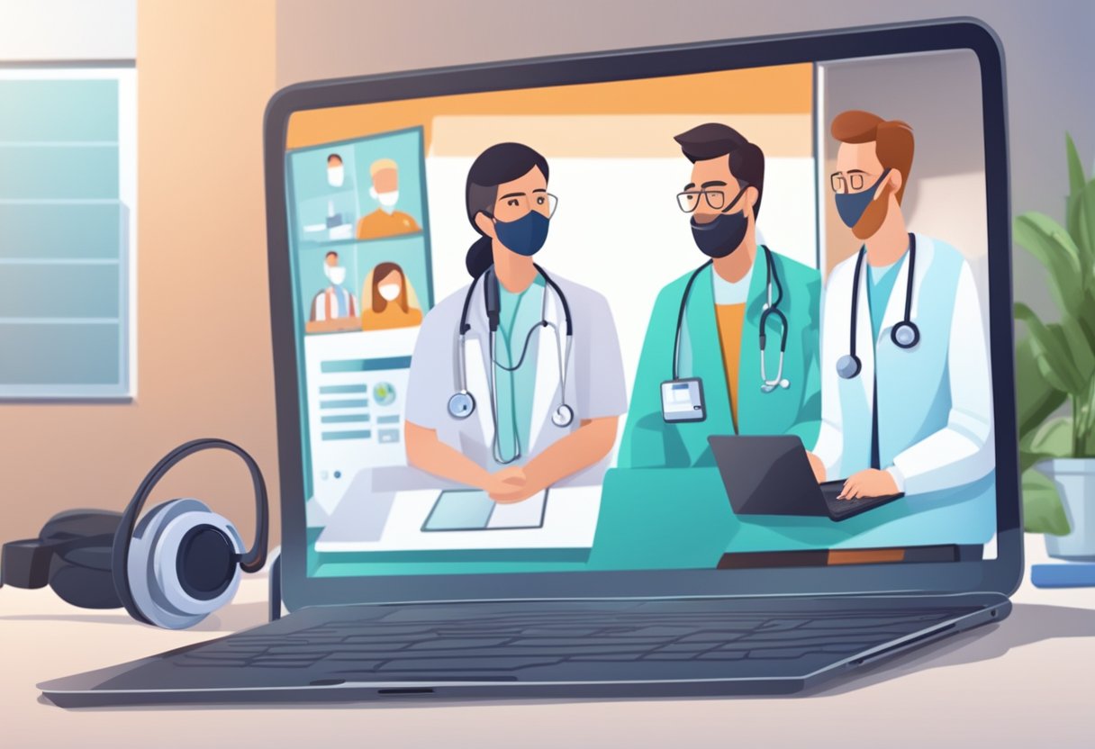 Um laptop exibindo uma consulta virtual de telemedicina entre um médico e um paciente, com equipamentos médicos e um ambiente confortável