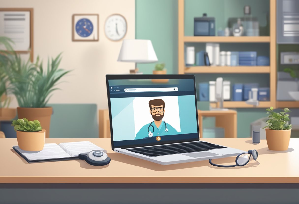Um laptop exibindo uma videochamada entre um médico e um paciente, com equipamentos médicos e um ambiente confortável ao fundo.