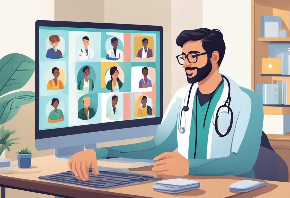Um médico sentado em um computador, conversando por vídeo com um paciente na tela