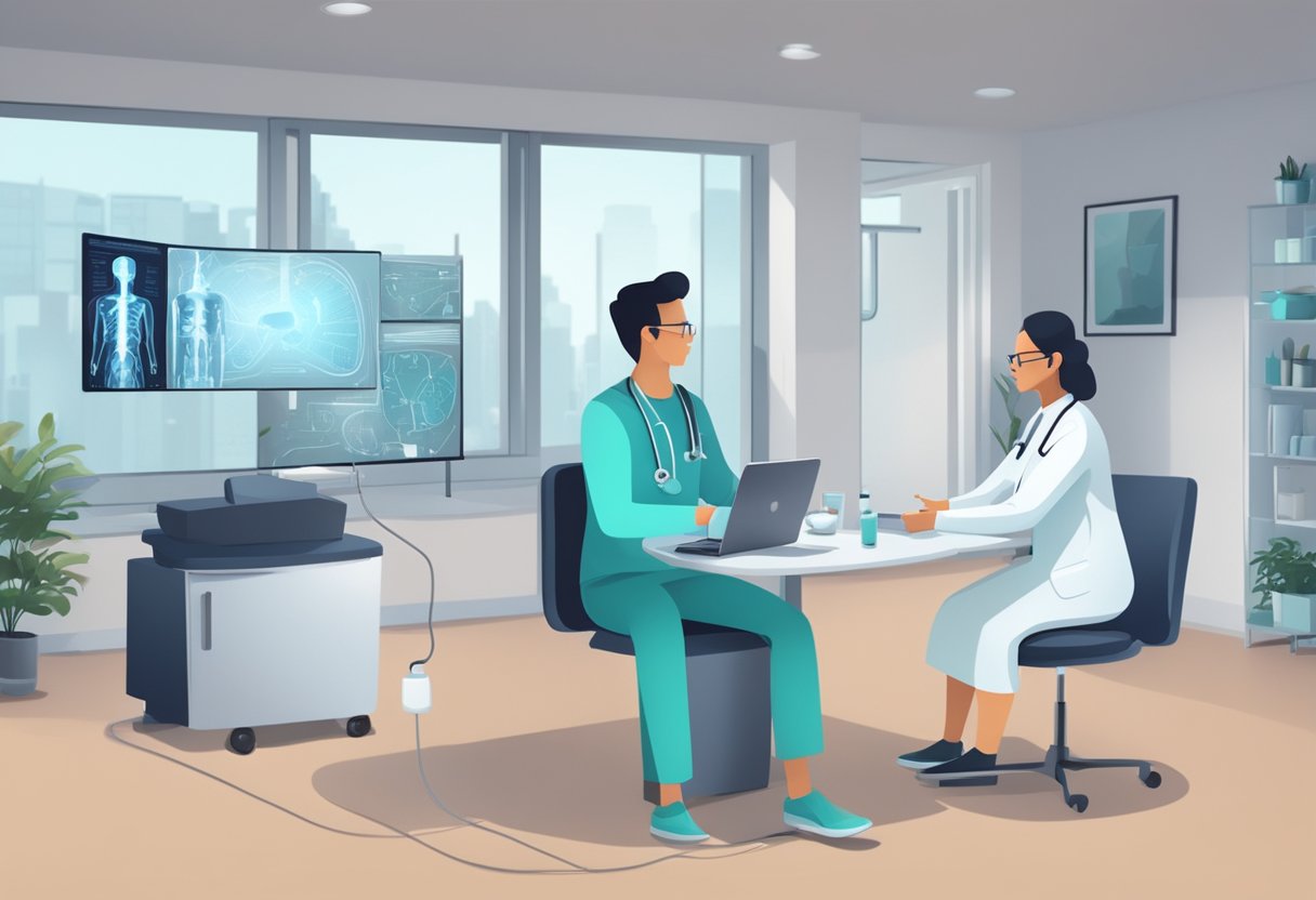 Um médico e um paciente se conectam virtualmente para uma consulta de telemedicina, com equipamentos e tecnologia médica visíveis ao fundo.
