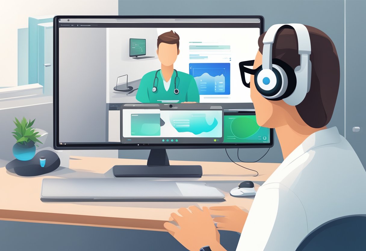Um computador moderno e elegante com uma webcam e microfone, exibindo uma plataforma de telemedicina na tela.