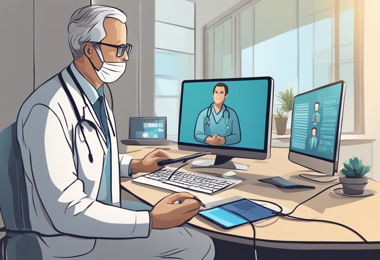 Um médico realizando uma consulta virtual com um paciente por meio de um computador ou dispositivo móvel