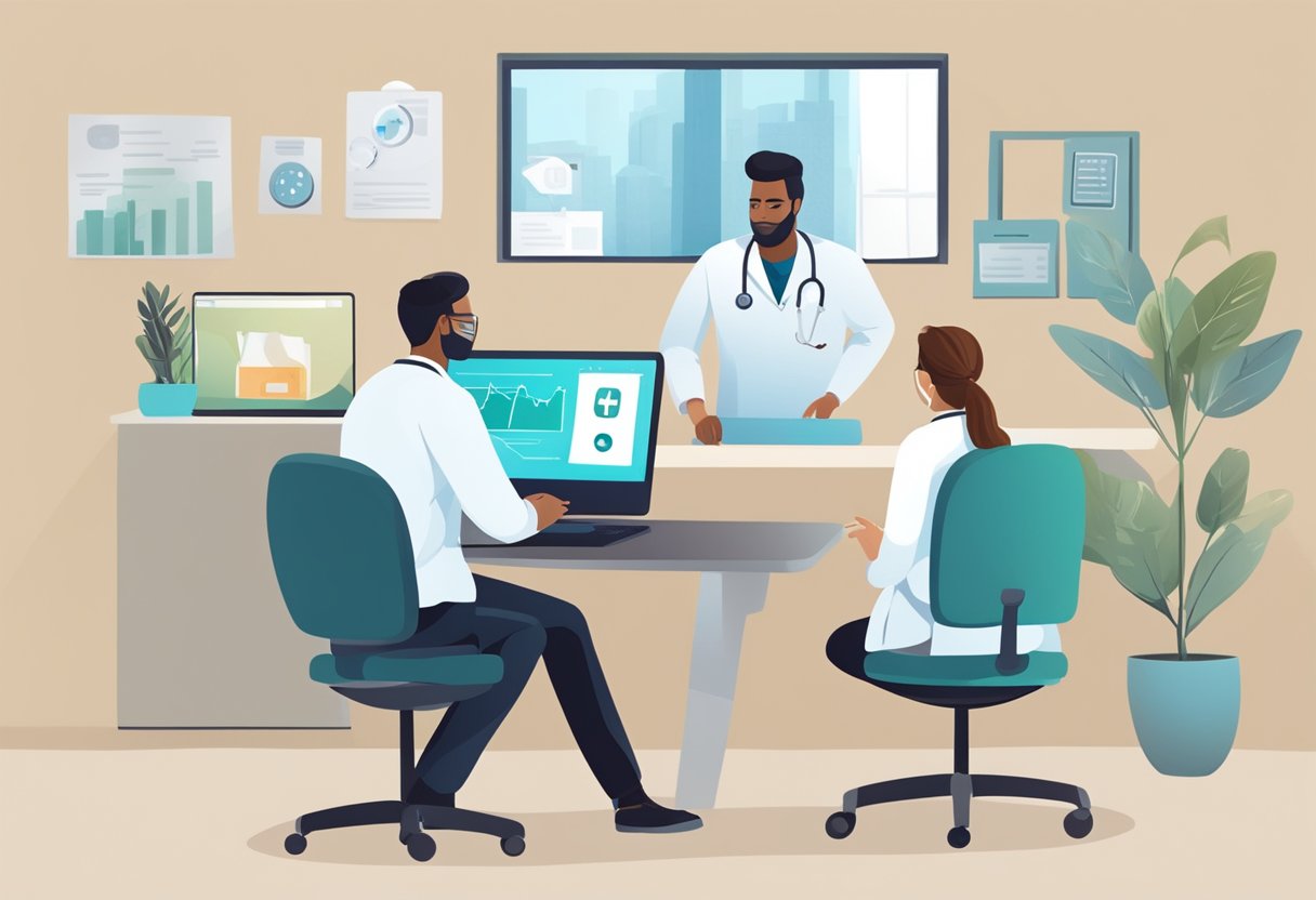 Um médico realizando uma consulta virtual com um paciente na tela do computador