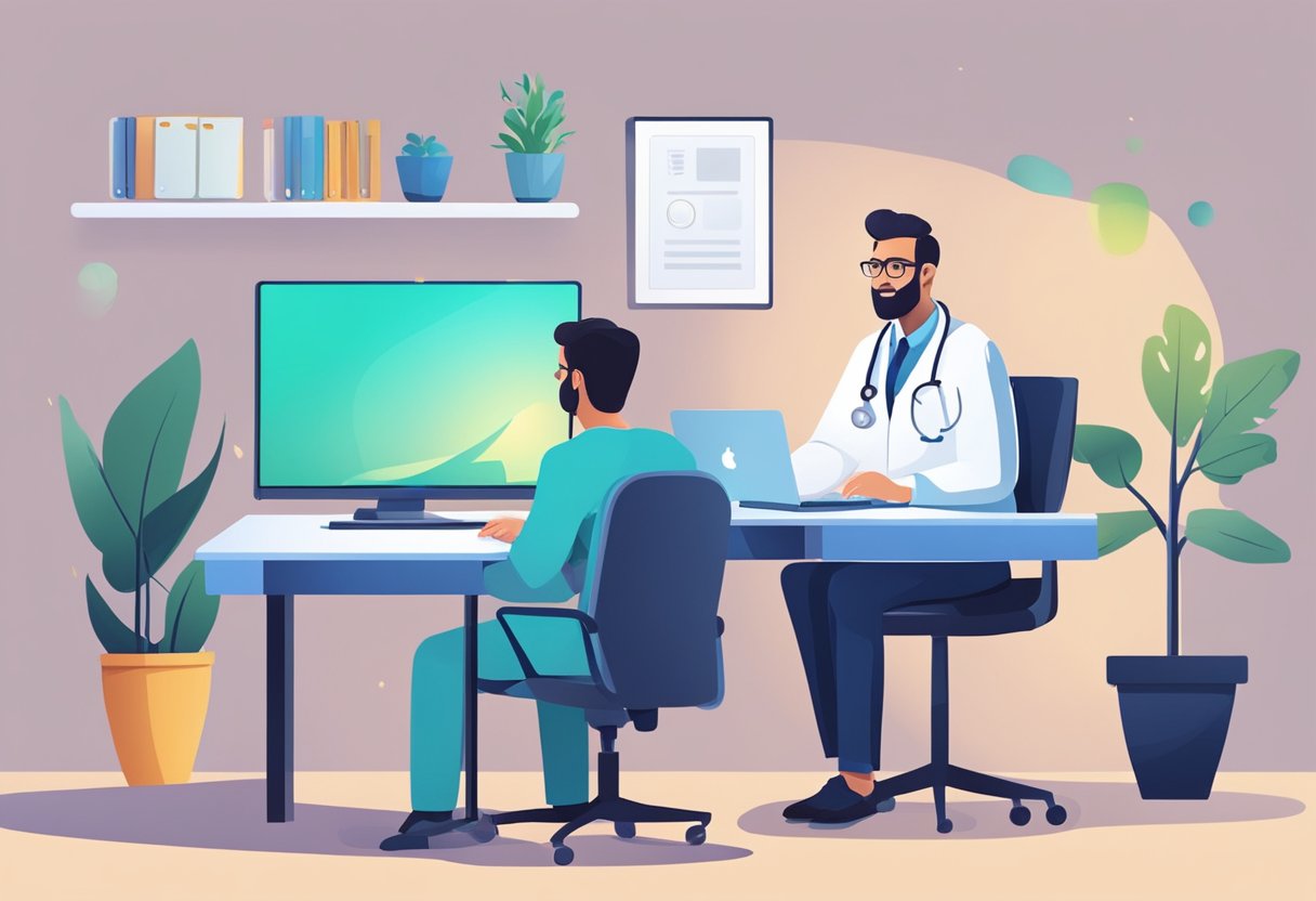 Um médico sentado em uma mesa com um computador, conversando com um paciente em uma videochamada.