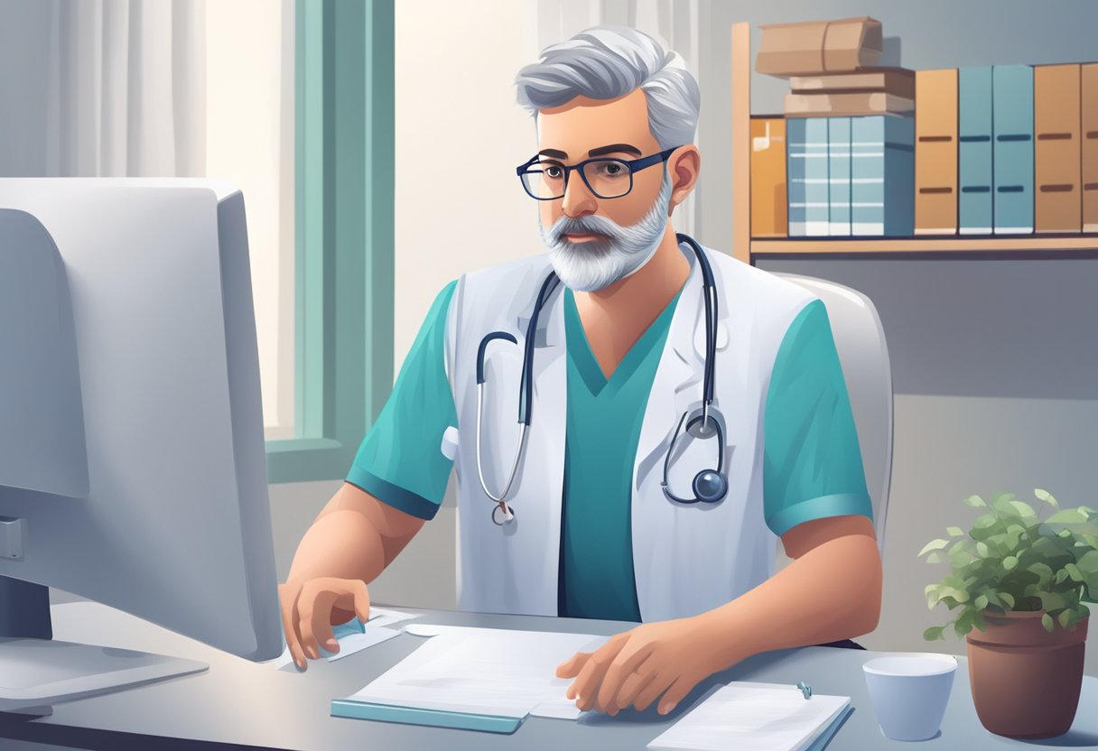 Um médico sentado em uma mesa com um computador, conversando com um paciente em uma videochamada. Equipamentos médicos e um ambiente confortável estão presentes.