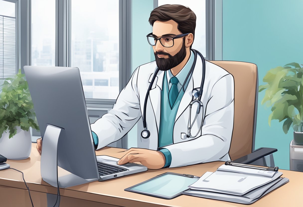 Um médico realizando uma consulta virtual por meio de um computador, com equipamentos médicos e o prontuário de um paciente ao fundo.