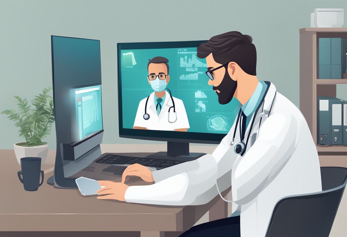 Um médico sentado em uma mesa com um computador, consultando um paciente por videochamada. Equipamentos médicos e um ambiente tranquilo ao fundo.