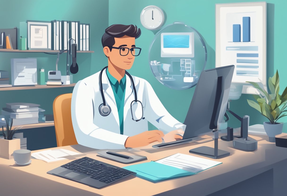 Um médico sentado em uma mesa com um computador, consultando um paciente por videochamada. Equipamentos médicos e papéis são visíveis ao fundo.