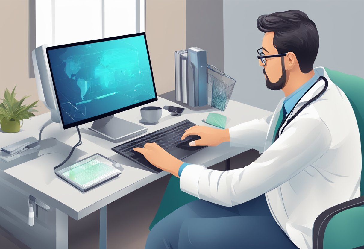 Um médico sentado em um computador com uma webcam, consultando um paciente na tela