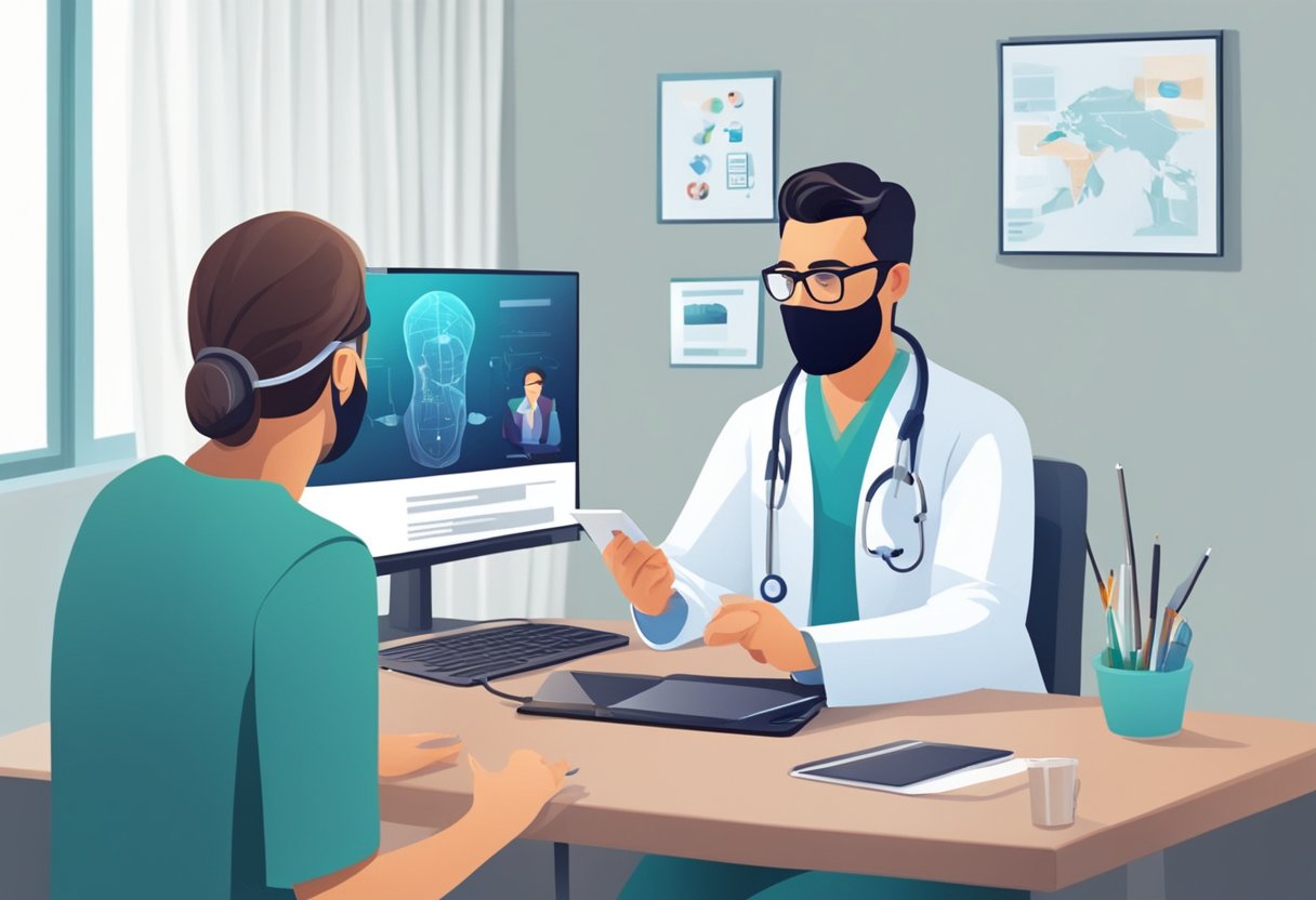 Um médico realizando uma consulta virtual com um paciente, ambos usando dispositivos eletrônicos.