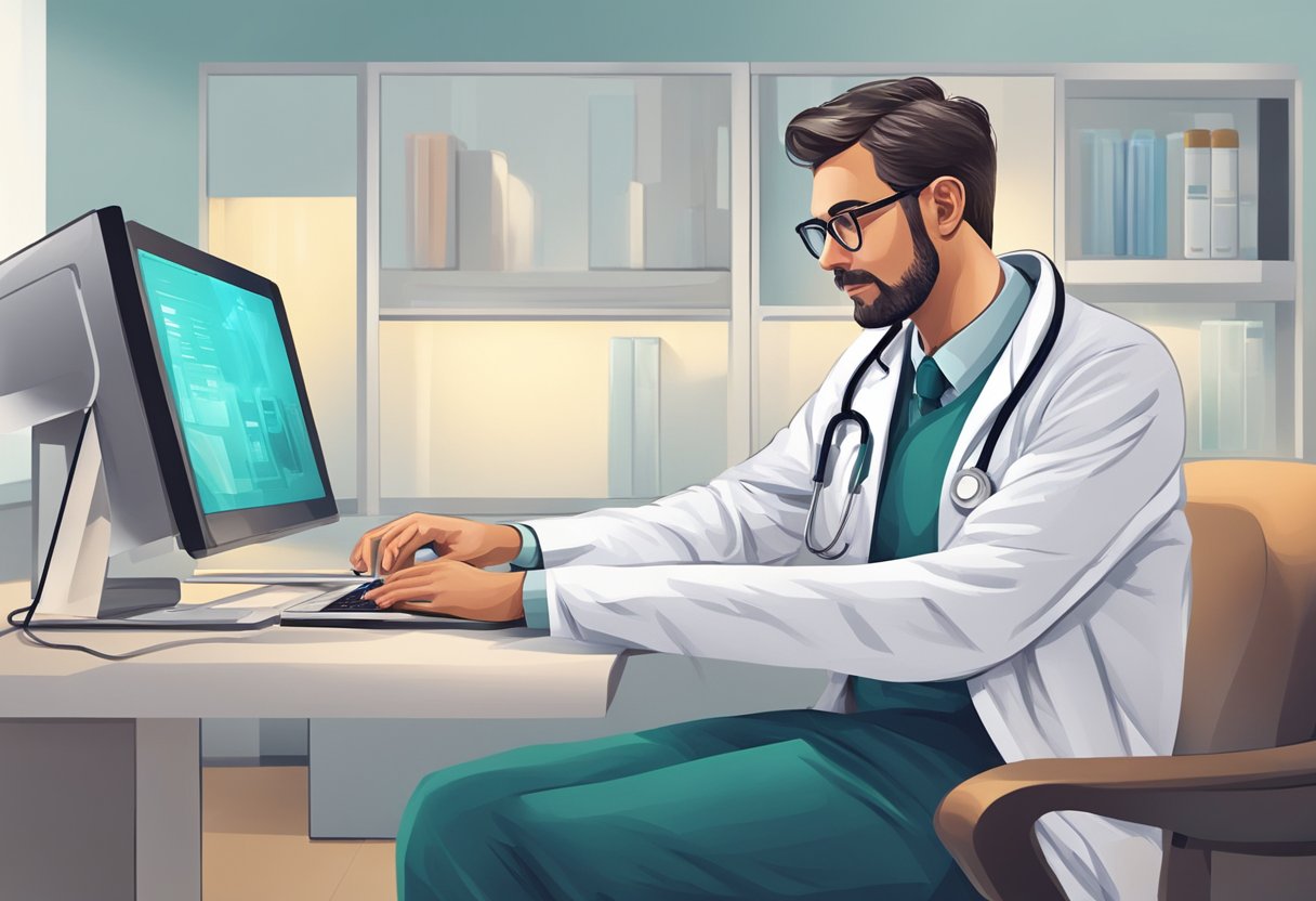 Um médico sentado em uma mesa com um computador, conversando com um paciente em uma videochamada.