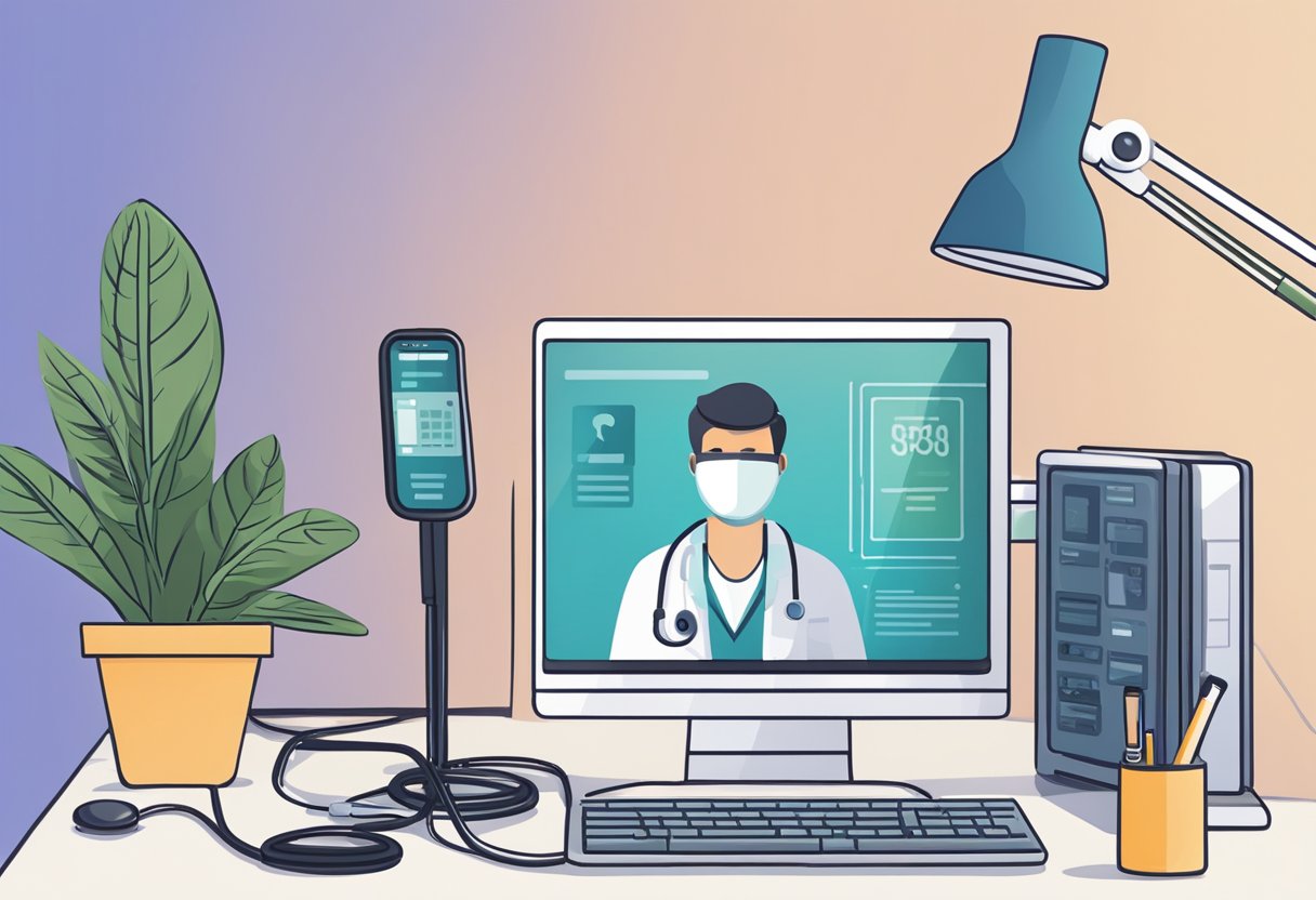 Um monitor de computador exibindo uma plataforma de telemedicina com um estetoscópio e equipamentos médicos nas proximidades