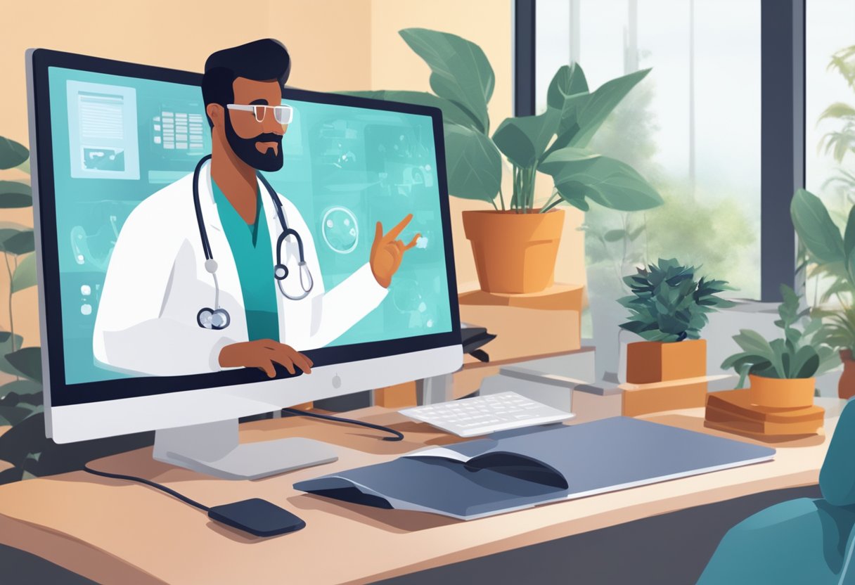 Um médico realizando uma consulta virtual com um paciente em uma tela de computador, com equipamentos médicos e um ambiente confortável ao fundo.