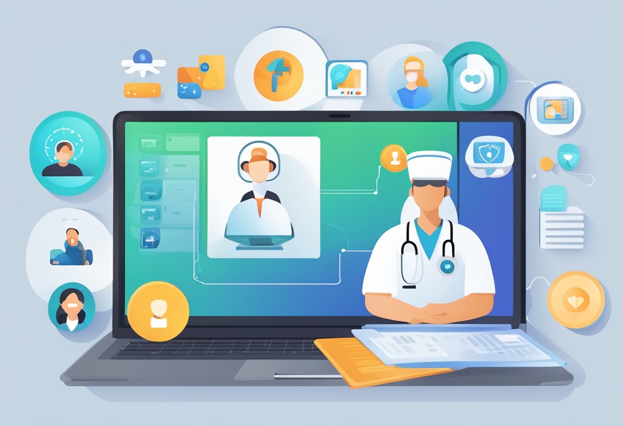 Um laptop exibindo uma plataforma de telemedicina com vários ícones médicos e uma interface de chamada de vídeo