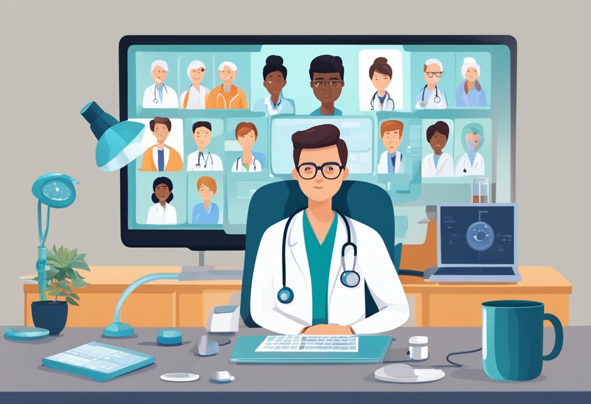 Um médico falando em uma videochamada com um paciente, cercado por equipamentos médicos e um senso de urgência