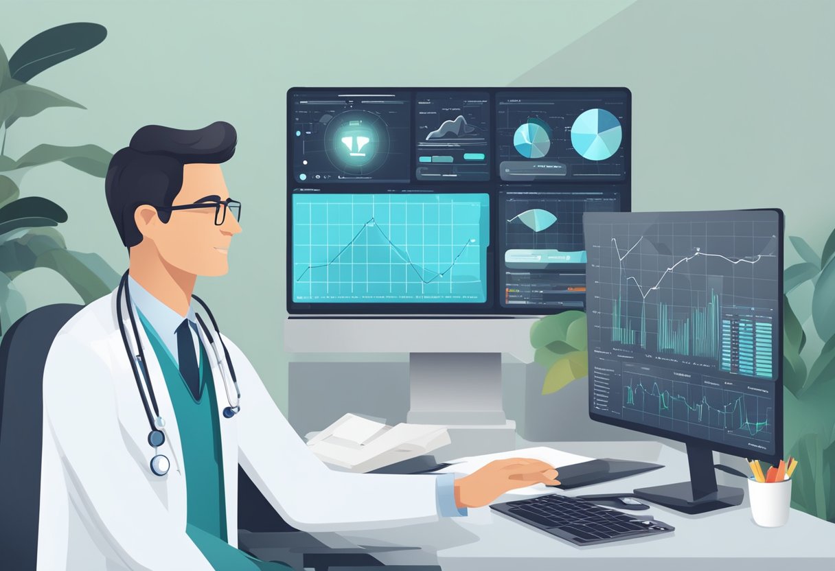 Um médico realizando uma consulta virtual com um paciente na tela do computador, com equipamentos médicos e um gráfico de economia de custos ao fundo.