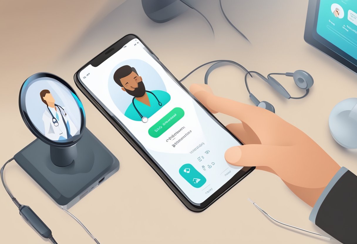 Um smartphone moderno com um aplicativo de telemedicina aberto, mostrando uma consulta virtual com o médico em andamento.
