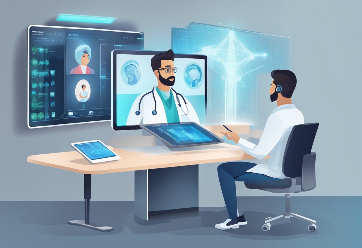 Uma consulta de telemedicina moderna e futurista ocorrendo por videochamada em um tablet elegante, com equipamentos médicos de alta tecnologia e uma interface digital ao fundo.