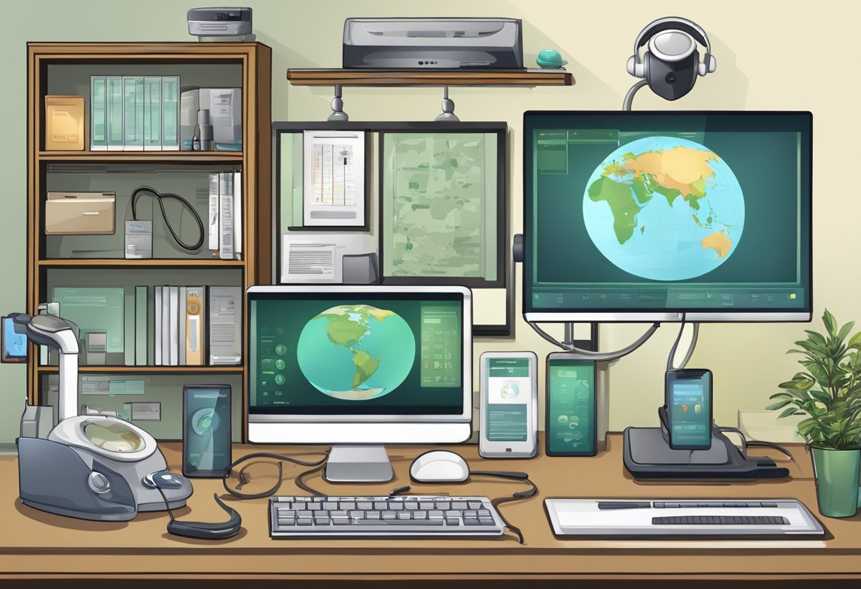 Um consultório médico moderno com um computador, webcam e equipamentos médicos, mostrando a evolução da telemedicina em relação à medicina tradicional.