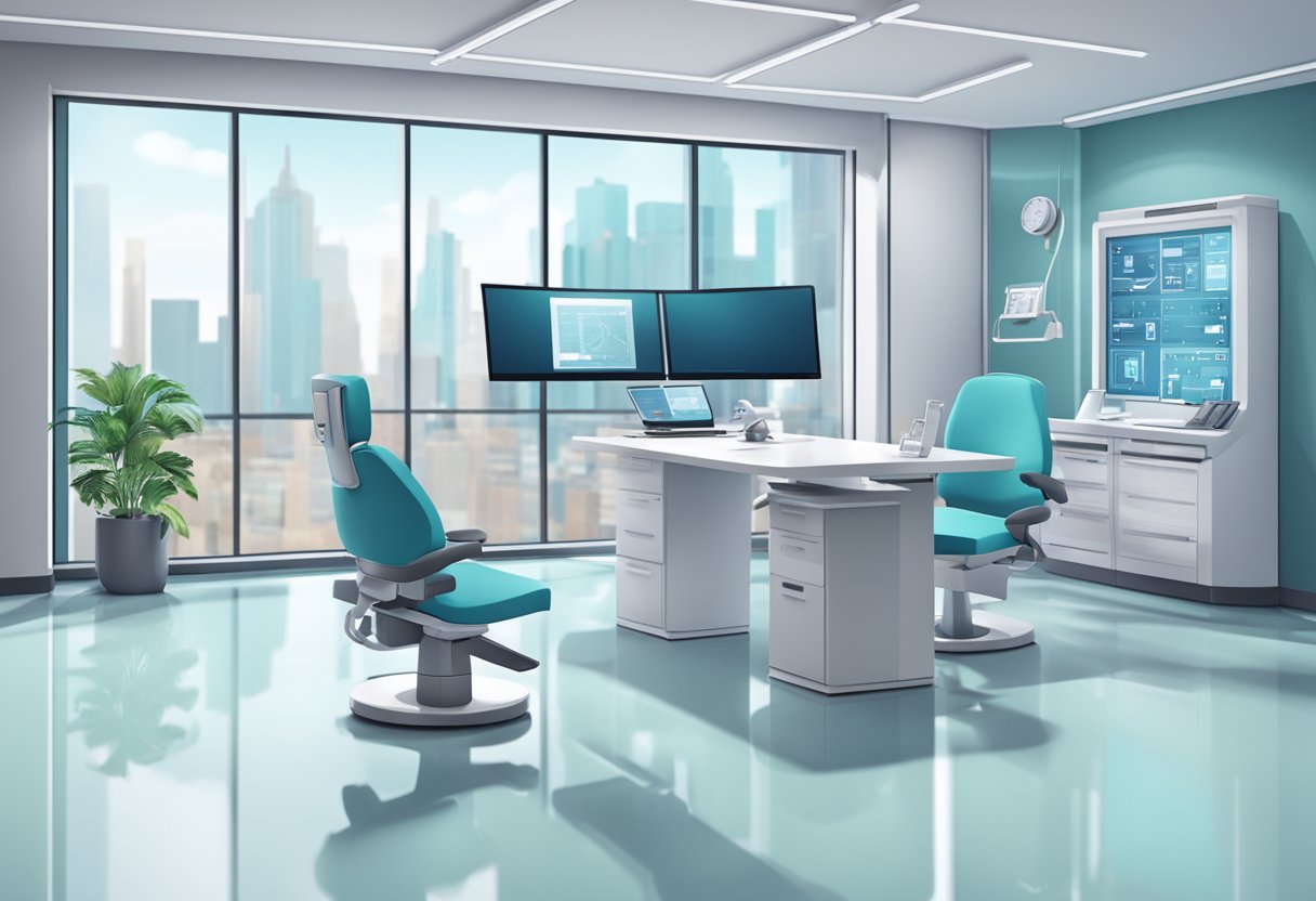 Um consultório médico moderno com equipamentos de alta tecnologia e telas para consultas virtuais