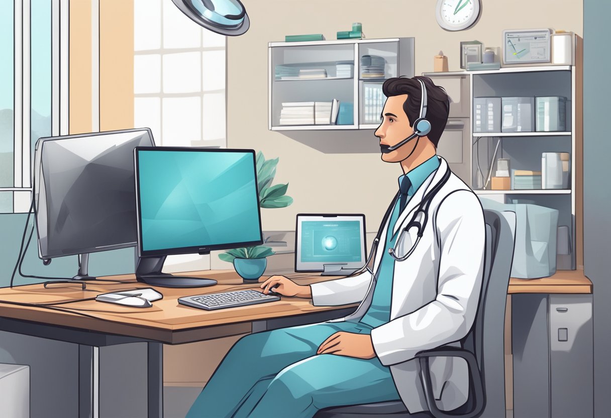 Um médico sentado em uma mesa com um computador e equipamentos médicos, conversando com um paciente em uma videochamada.