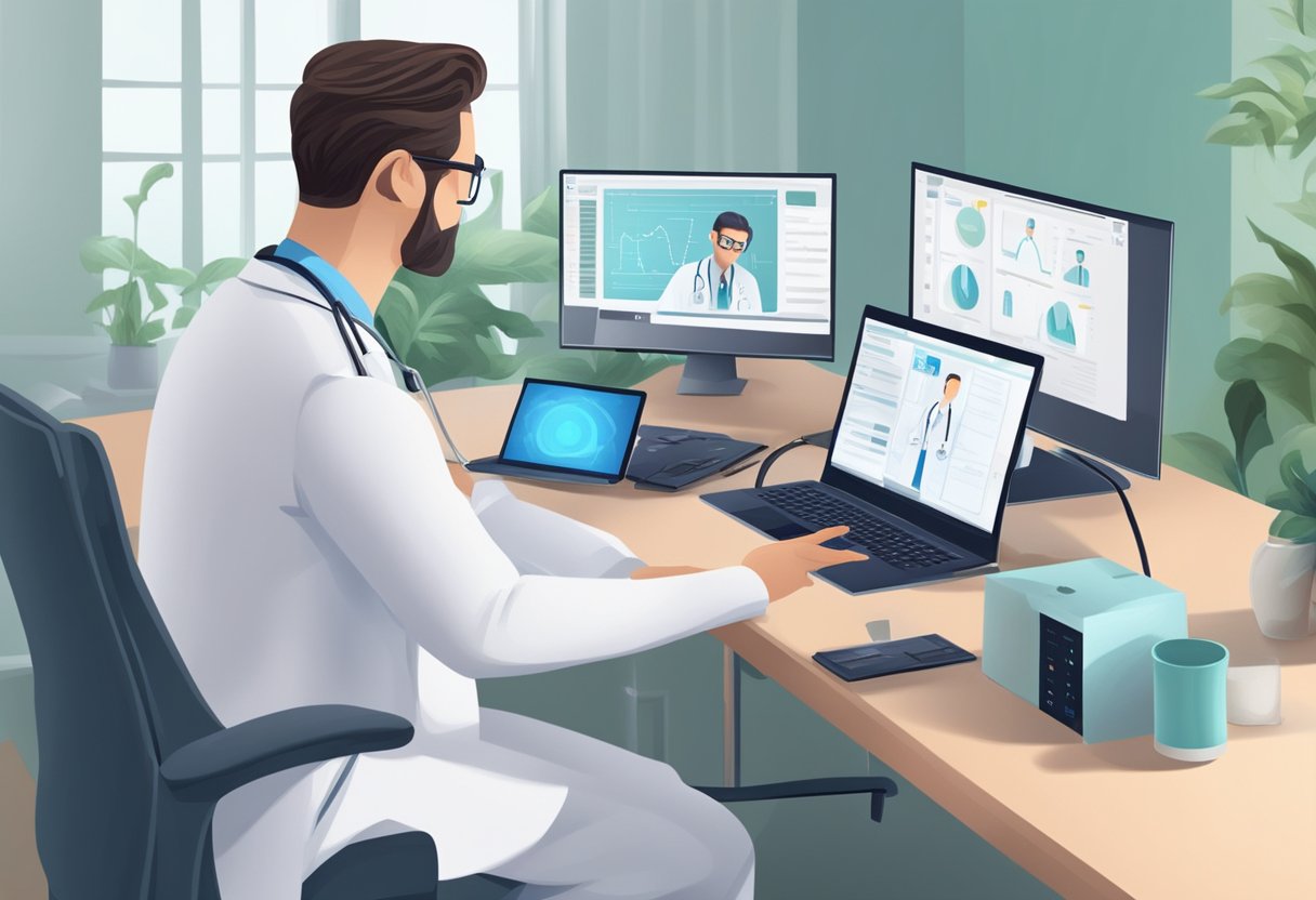 Um médico realizando uma consulta virtual usando um computador e equipamentos médicos