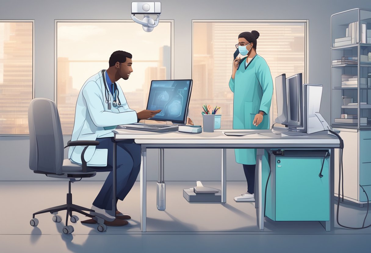 Um médico consultando um paciente por videochamada, com equipamentos e tecnologia médica ao fundo