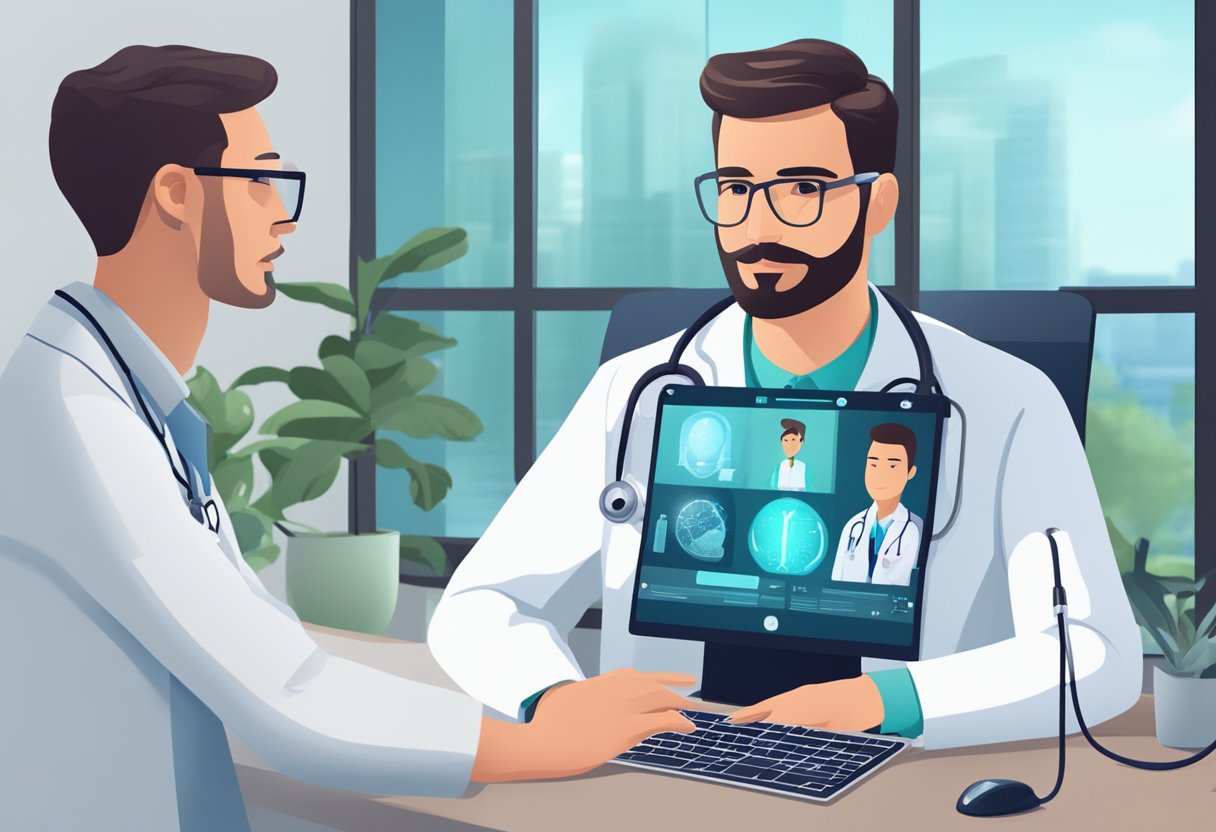 Um médico realizando uma consulta virtual com um paciente através de uma tela de computador, com equipamentos e tecnologia médica visíveis ao fundo.
