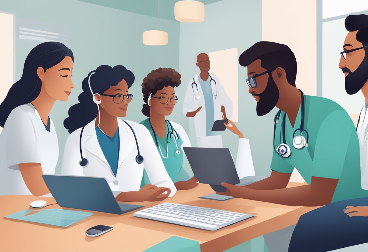 Um grupo diversificado de pessoas participa de consultas virtuais com profissionais de saúde usando tecnologia de telemedicina.