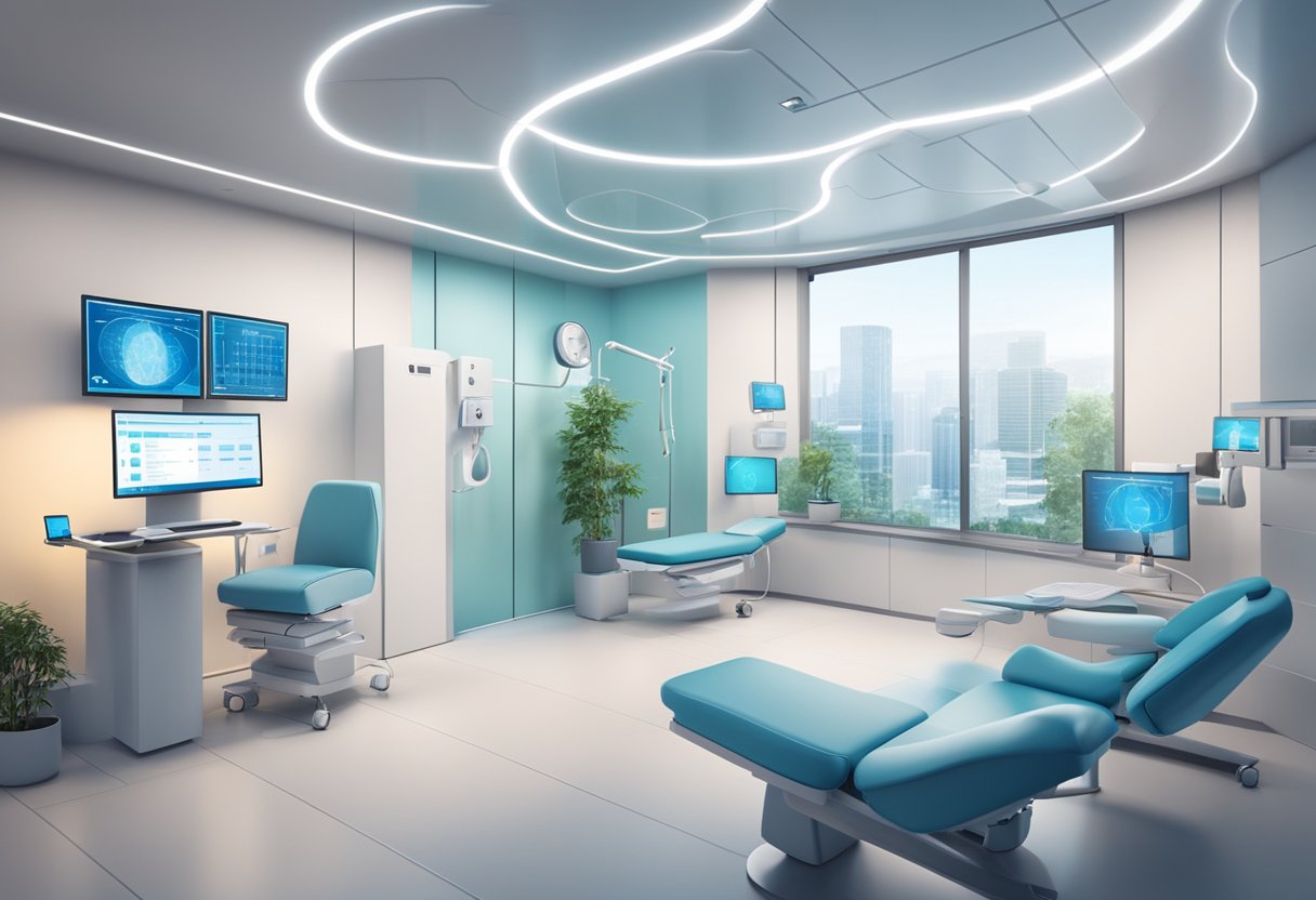 Uma clínica de telemedicina moderna e elegante, com tecnologia avançada e telas digitais exibindo dados médicos e consultas virtuais com pacientes.