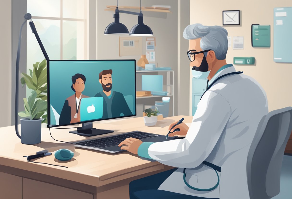 Um médico usando um computador para fazer uma videochamada com um paciente, com ferramentas e equipamentos médicos nas proximidades.