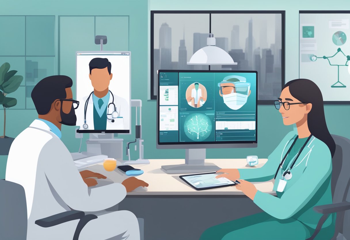 Um médico realizando uma consulta virtual com um paciente, ambos mostrados em telas separadas com equipamentos médicos ao fundo.