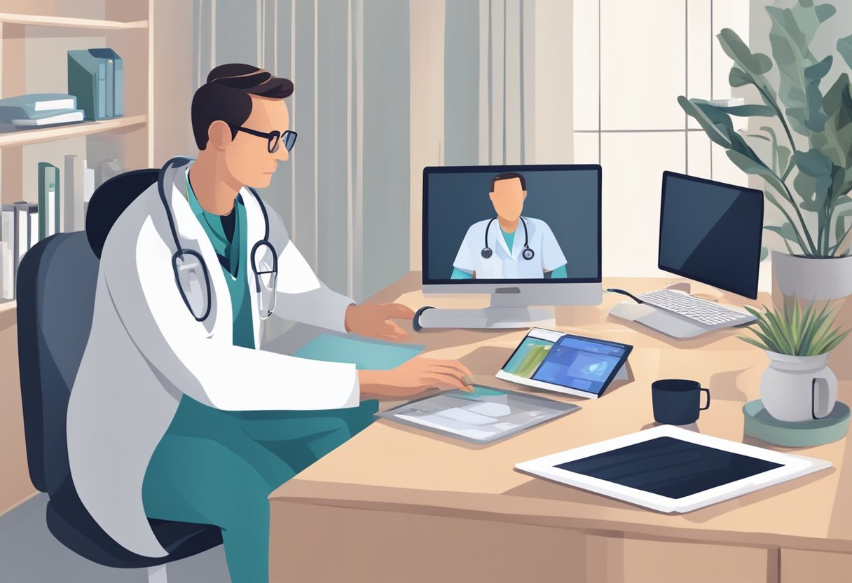 Um médico realizando uma consulta de telemedicina com um paciente por meio de videochamada