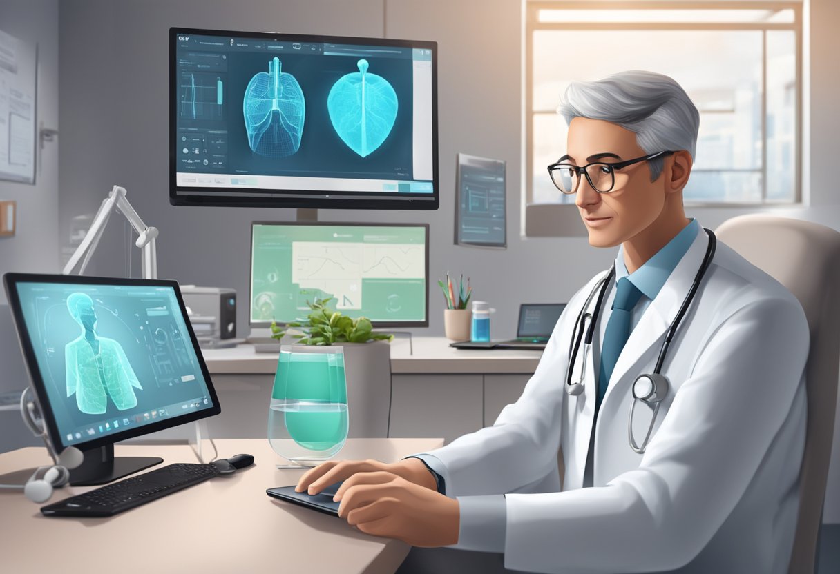 Um médico usando tecnologia de telemedicina para consultar um paciente, com equipamentos e dispositivos médicos ao fundo.