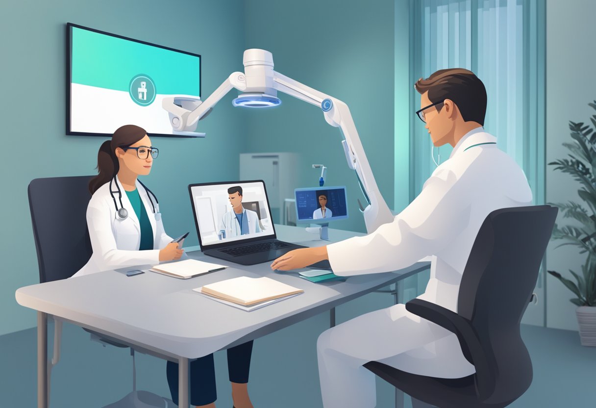 Um médico e um paciente participando de uma consulta de telemedicina, com equipamentos e tecnologia médica visíveis ao fundo.