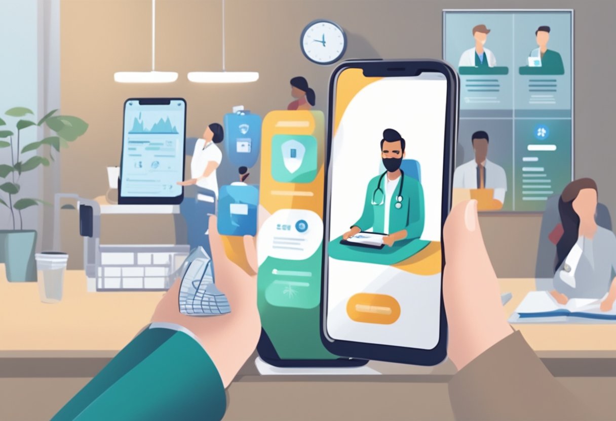 Um médico realizando uma consulta de telemedicina com um paciente, enquanto um aplicativo de conveniência financeira é exibido em um smartphone.