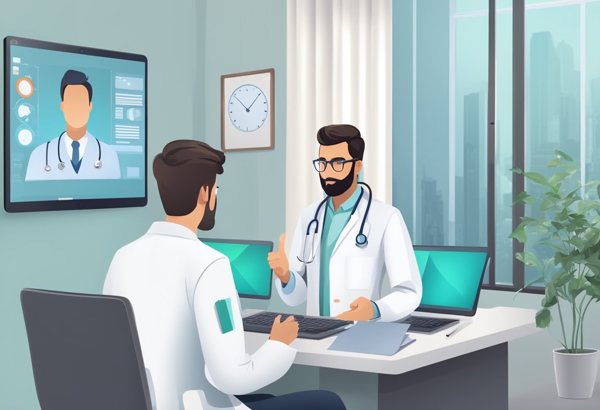 Um médico realizando uma consulta virtual com um paciente, ambos em telas separadas, com equipamentos médicos e documentos ao fundo.