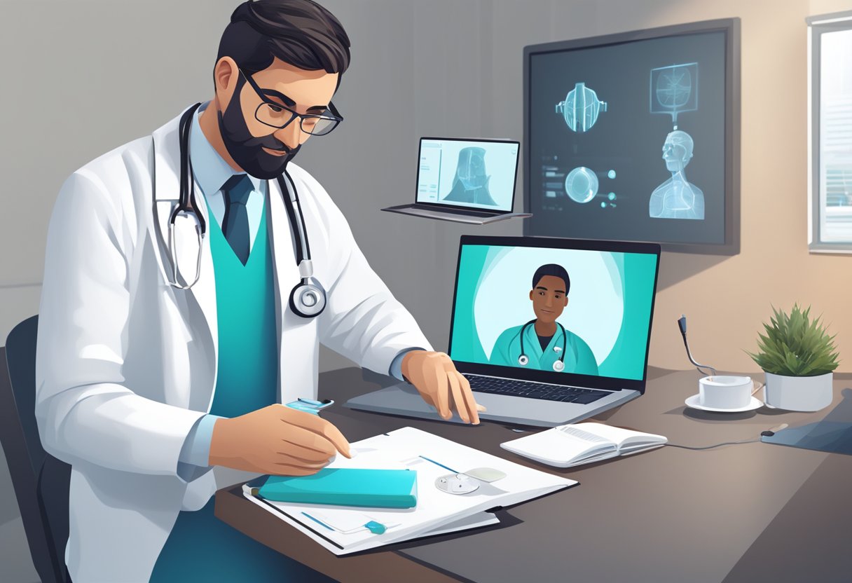Um médico realizando uma consulta virtual por meio de telemedicina, com equipamentos e tecnologia médica ao fundo.