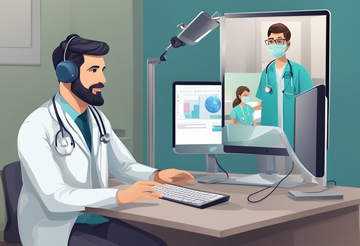 Um médico usando um computador para fazer videochamada com um paciente