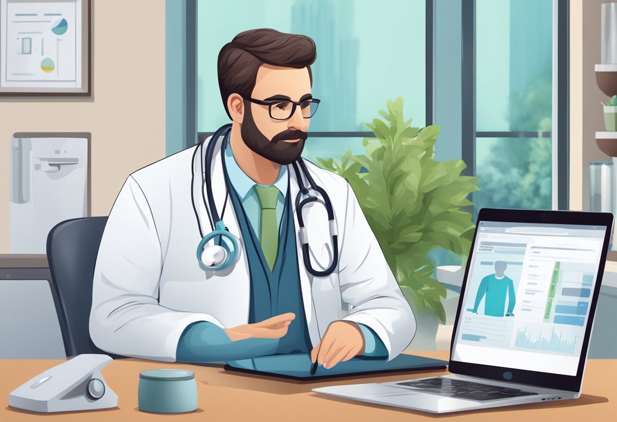 Um médico realizando uma consulta virtual com um paciente por meio de um computador ou smartphone, com equipamentos médicos e um ambiente confortável.