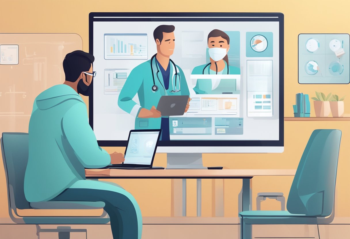 Um médico realizando uma consulta virtual com um paciente em uma tela de computador