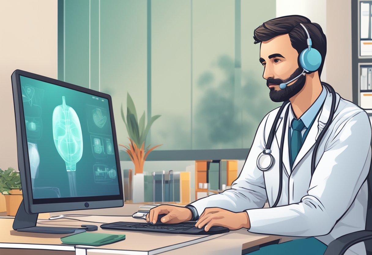 Um médico consultando um paciente por videochamada, com equipamentos médicos e um computador ao fundo.