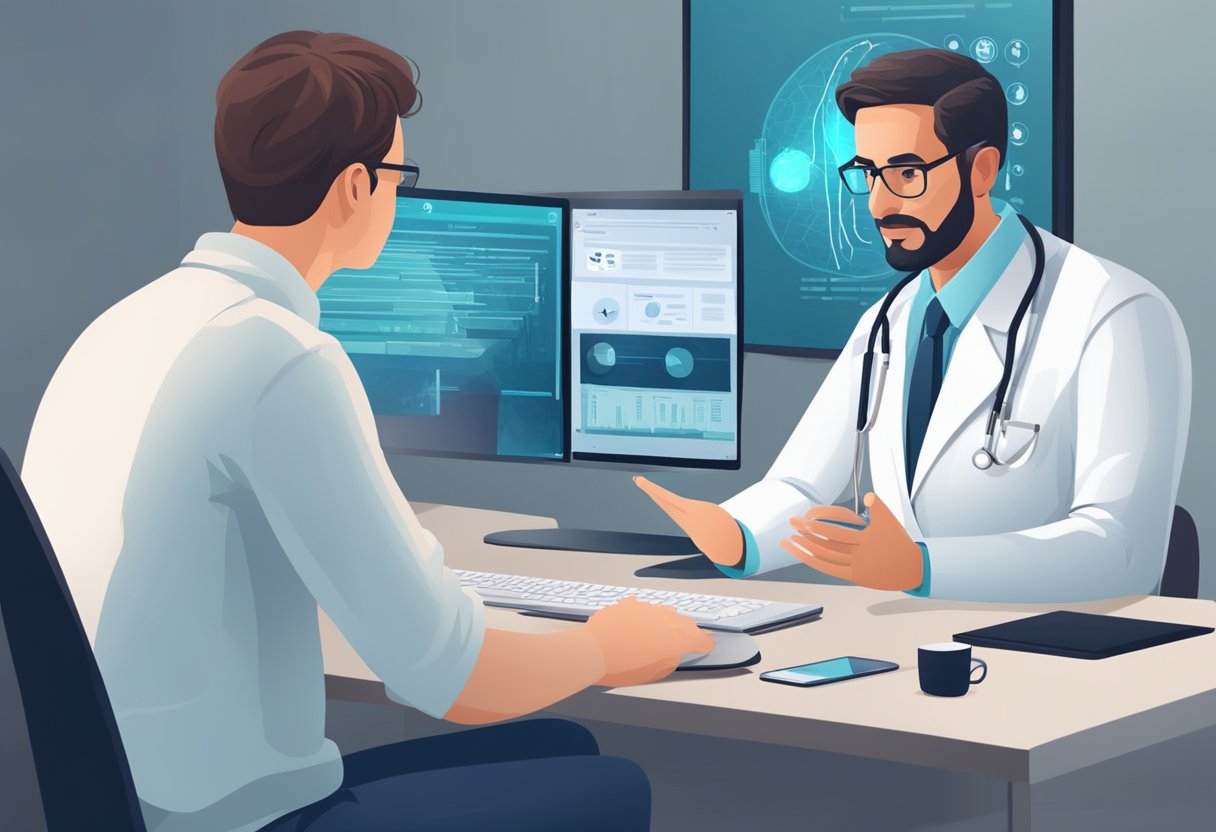 Um médico realizando uma consulta virtual com um paciente, ambos visíveis na tela de um computador, enquanto regulamentos e diretrizes médicas são exibidos ao fundo.